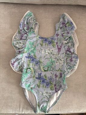 Janie and Jack Floral Ruffle-Shoulder One-Piece Swimsuit in Lavender